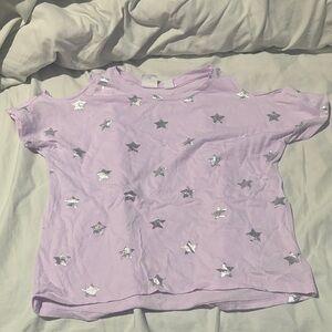 GAP xs 4/5 Purple Kids Tee with Silver Stars cold shoulder sleeve hi low hem euc